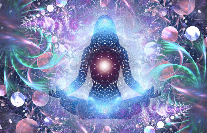 安楽座で座る女性のシルエットと宇宙と光が融合するイメージイラスト