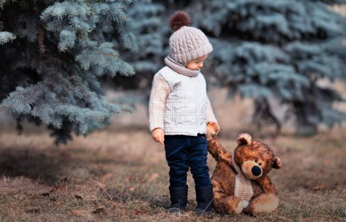 森の中でくまのぬいぐるみと手をつなぐ男の子