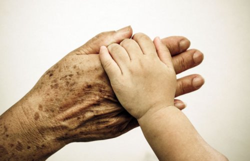 歳を重ねた手と、幼児の手を重ねた写真