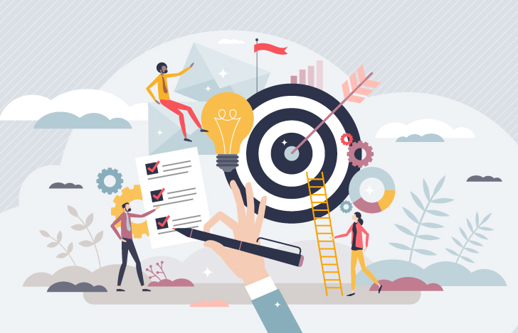 大きな的とそれを囲む人々