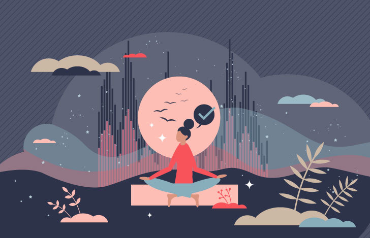 夜にヨガをする女性のイラスト