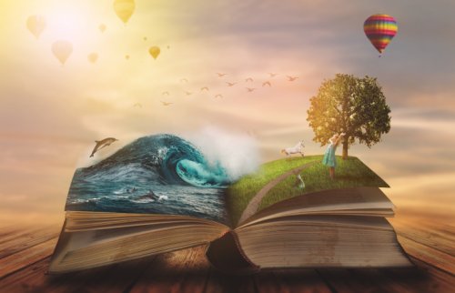 開いた本から海や野原の世界が広がっているイラスト