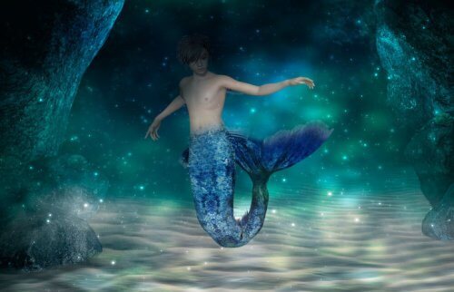 海に浮かぶ男の子の人魚
