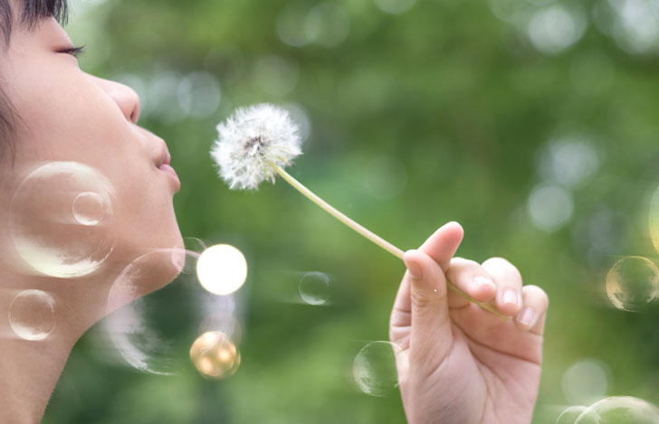 自然の中でたんぽぽの綿毛を吹く子供の横顔