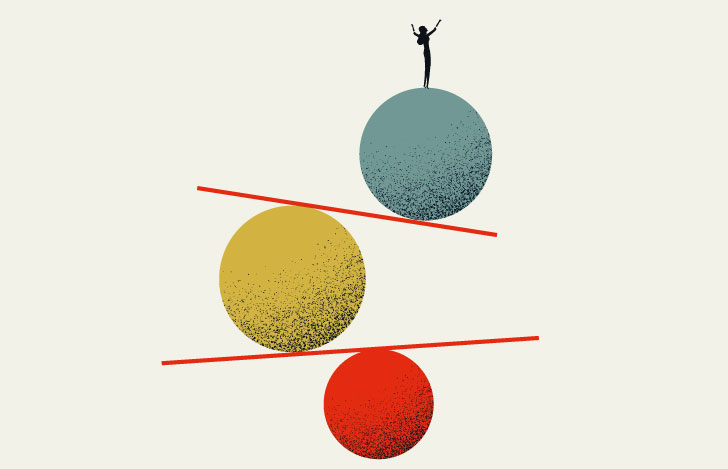 赤青黄色の大玉と2本の線の上でバランスを保ち、立つ女性のイラスト
