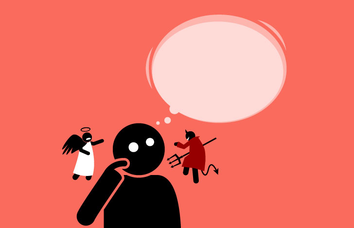 耳元で天使と悪魔に囁かれ、考えを巡らせる人のイラスト