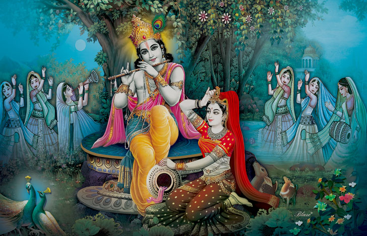 木の根元でバンスリを吹くクリシュナと女性