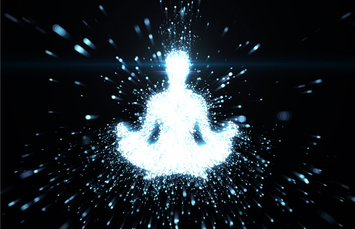 宇宙のような暗闇で人の形に集まる光の集合体