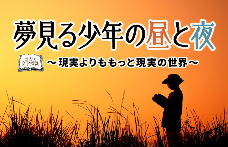 夕焼けに浮かぶ読書する少年と草のシルエット
