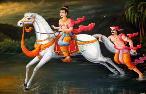 白い馬にまたがった人物とそれを追う男性