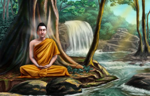 橙の衣をまとい、川の側の木の元で瞑想する男性