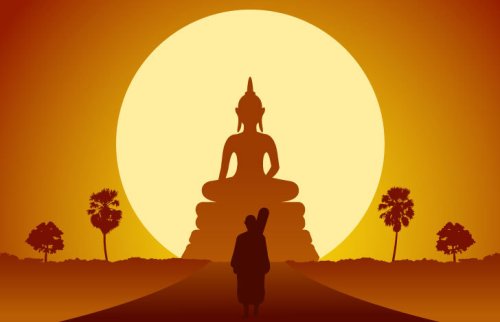 夕日に映る寺院と男性の影