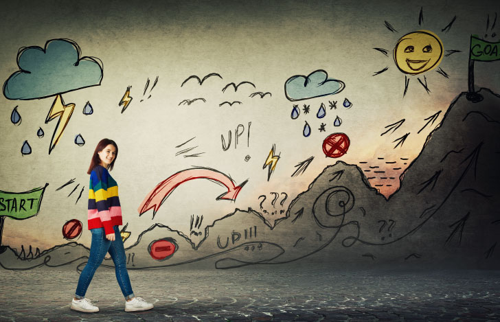 立って歩く女性とイラストのコラージュ