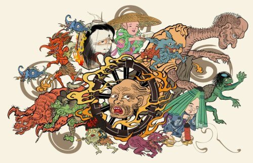 車輪を取り囲むいろいろな種類の妖怪たち