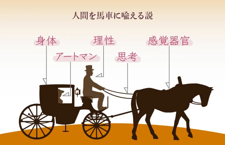 人間を馬車に喩え、感覚器官によって見たものに翻弄されず、理性によって人生を歩む大切さを伝えるイラスト