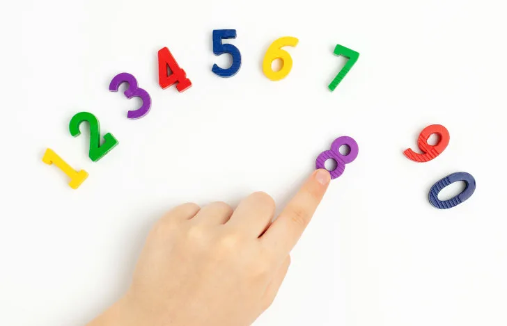 数字の1から0までのオブジェの中の8の数字を引き寄せる人の手