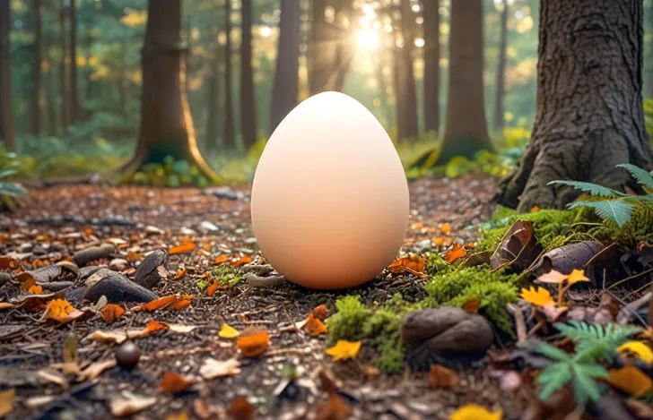 森の中の地面に置かれた大きな卵