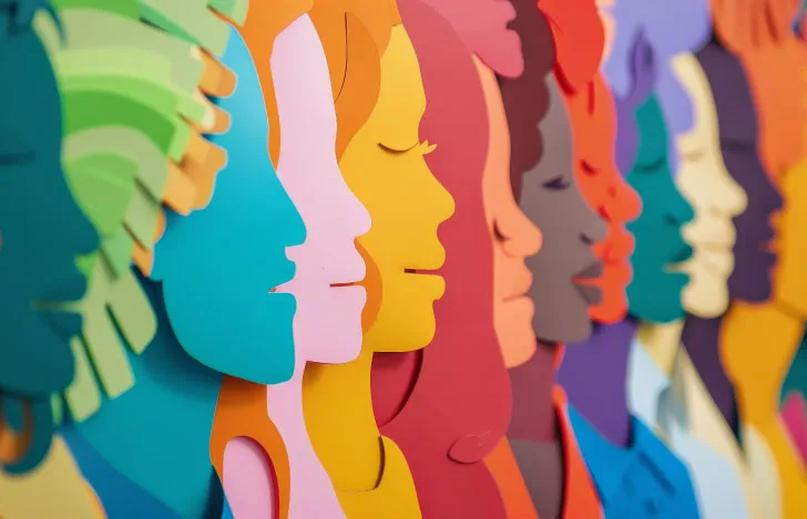 様々な色紙で作られた複数人の人の横顔