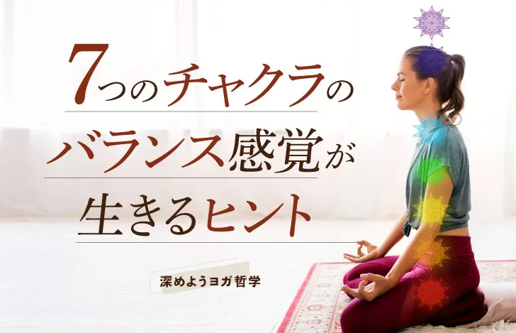 安楽座で座り目を閉じるヨガウェアの女性の横姿とチャクラのグラフィック