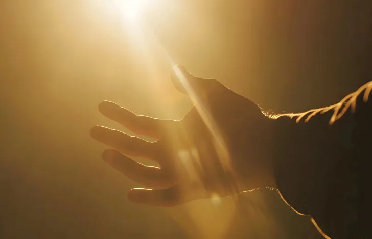 光に向かって差し出されて大きな手