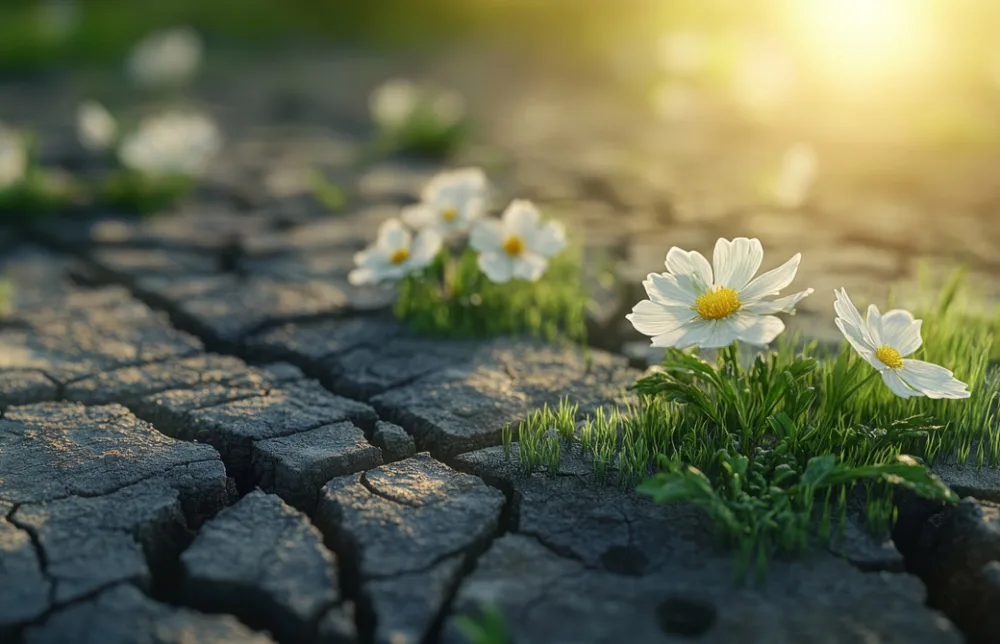 ひび割れたアスファルトからお花が咲いている