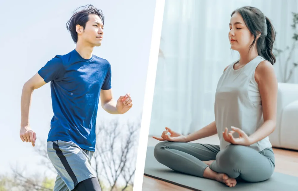 ランニングを実践する男性／バストリカ・プラーナヤーマを実践する女性