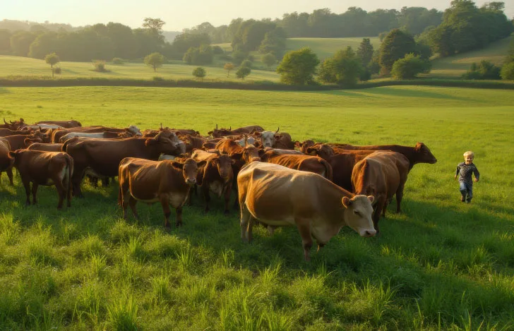 放牧されたたくさんの牛の群れと少年
