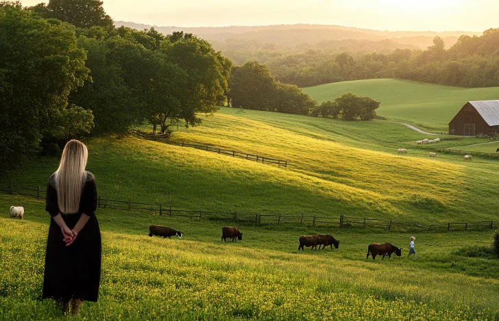 草原に放牧された何頭かの牛と少年とそれを見守る母親