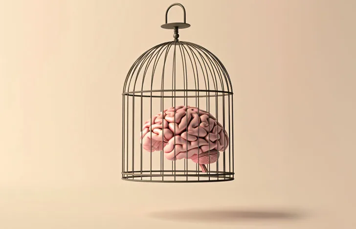 鳥籠に入れられた脳みその形のオブジェ