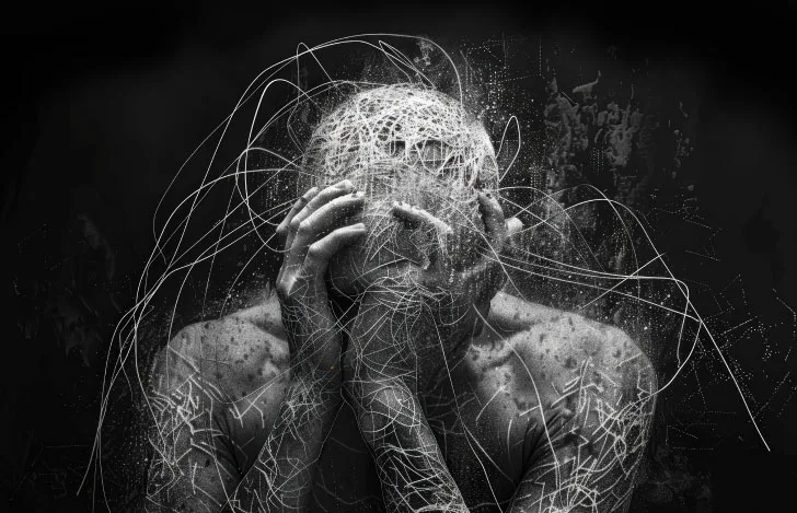 両手で頭と顔を覆う人のモノクロのイラスト