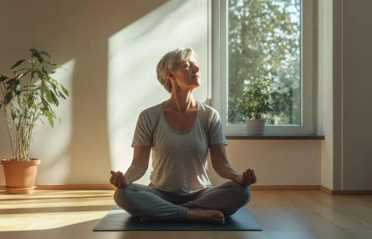 光がさす室内で目を閉じて安楽座で座る女性