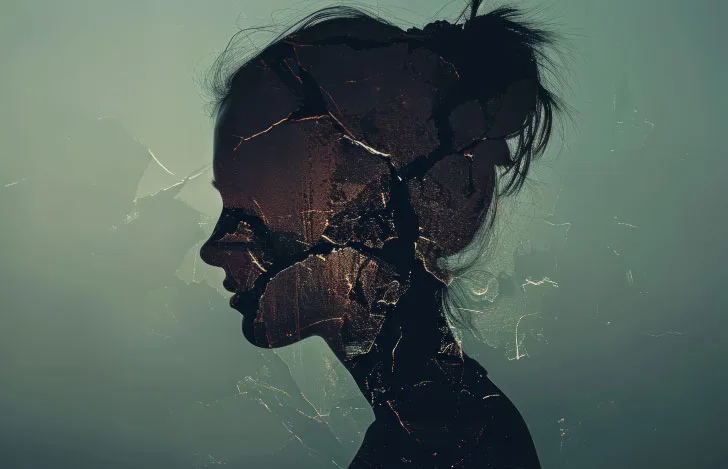 女性の横顔のシルエットと砕けた破片のダブルメージ