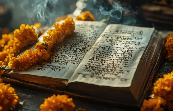 開かれたバガヴァッド·ギーターの本とオレンジの花とお香の煙