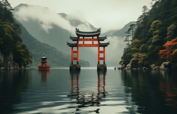 山々に囲まれた水面からそびえ立つ朱色の鳥居