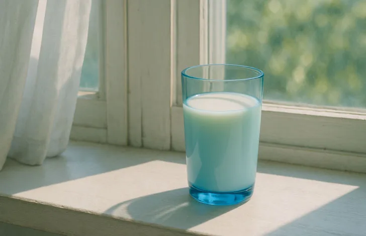 窓辺に置かれた水色のグラスに入った牛乳