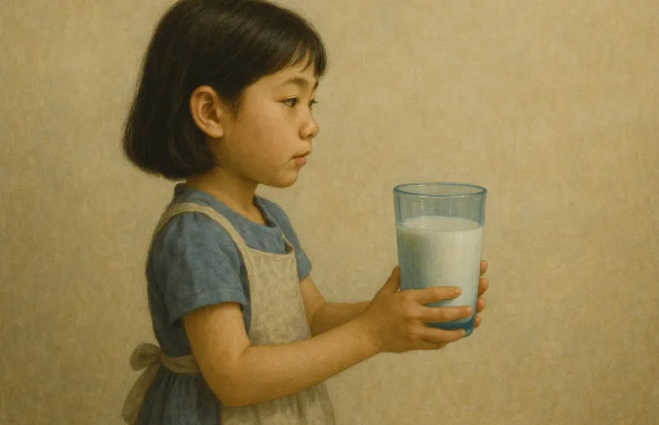 牛乳の入った水色のグラスを手にもつ少女のイラスト