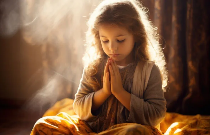 頭上から光がさす薄暗い室内で手を合わせて祈る少女