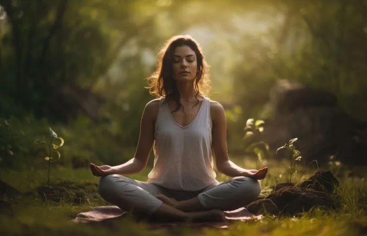 森のなかで瞑想する女性