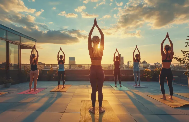 屋外で太陽に向かって太陽礼拝を行うヨガウェアを来た人々