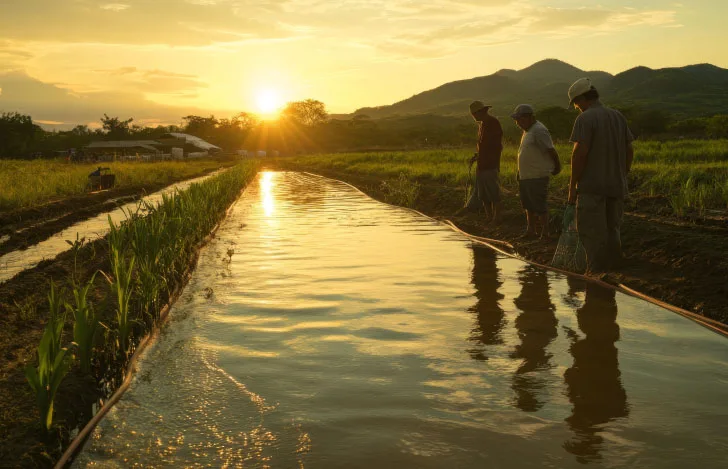 夕日が沈む田園で水路を見つめる3人の農夫