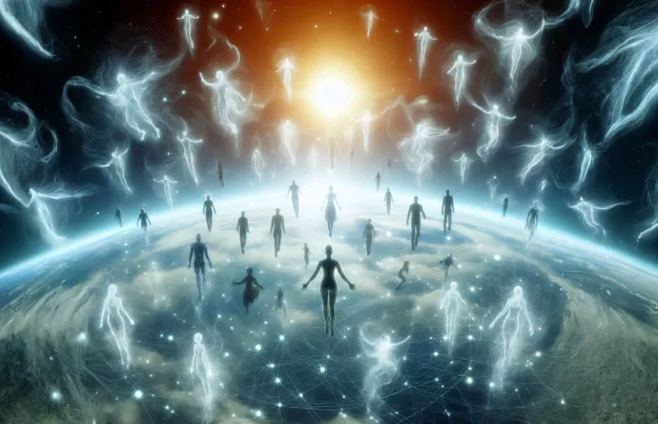 宇宙から見た地球から人が飛び立つイメージのCG