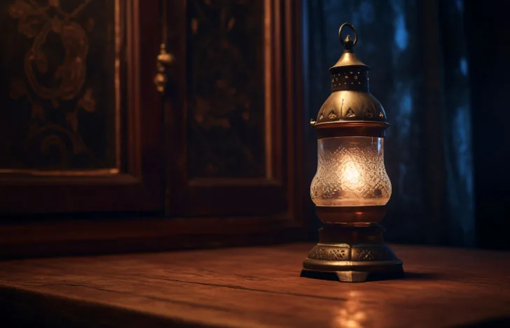 薄暗い室内の窓辺に置かれたランプ