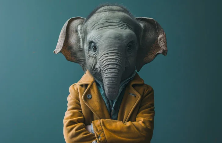 黄色い服を着て腕組みをしている象