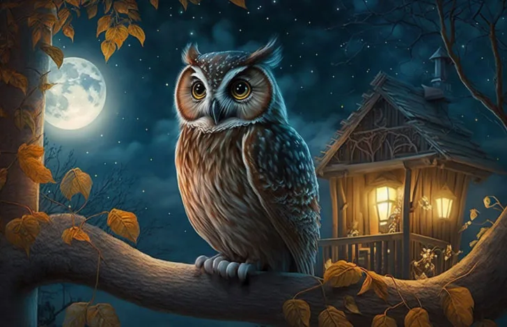 薄暗狩りの中灯りがともる家の前の木の枝に止まるフクロウ