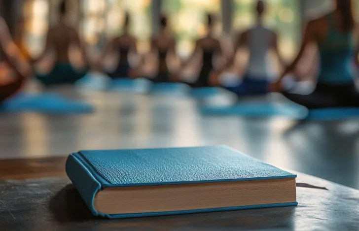 ヨガクラスを背景にテーブルの置かれた1冊の青い表紙の本