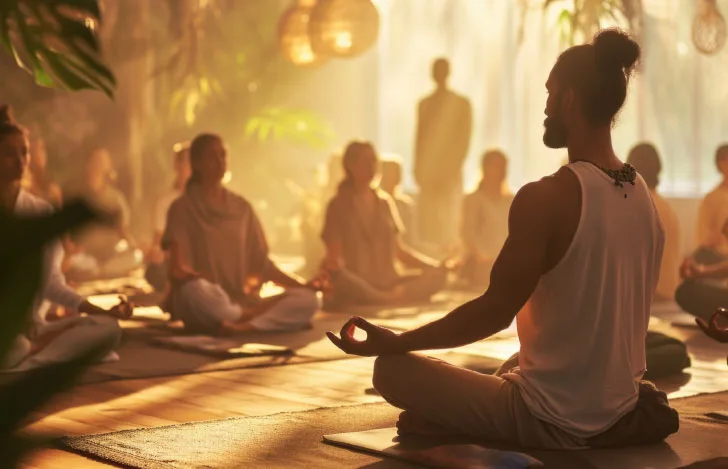 ヨガの先生を囲んで瞑想する人々