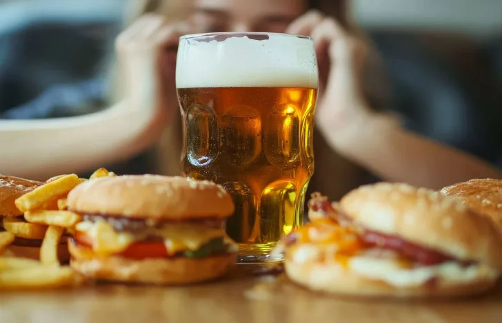 頭を抱える女性の前にあるビールと崩れたハンバーガー