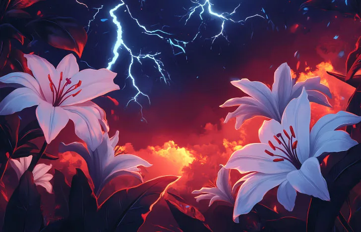 黄昏時の稲妻と白い百合