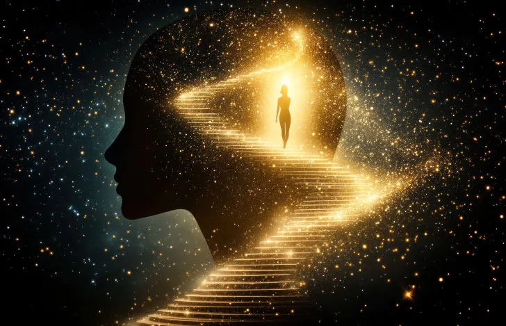 人の横顔と長い階段を降りる人の心象風景