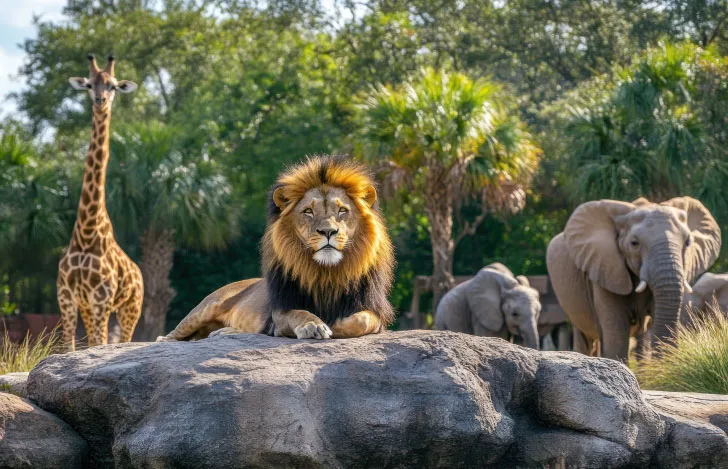 岩場に集まるライオンとキリンとぞう